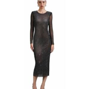 HOUSE OF HARLOW 1960 Grey Fishnet Diamante Bodycon Long Sleeve Midi Dress